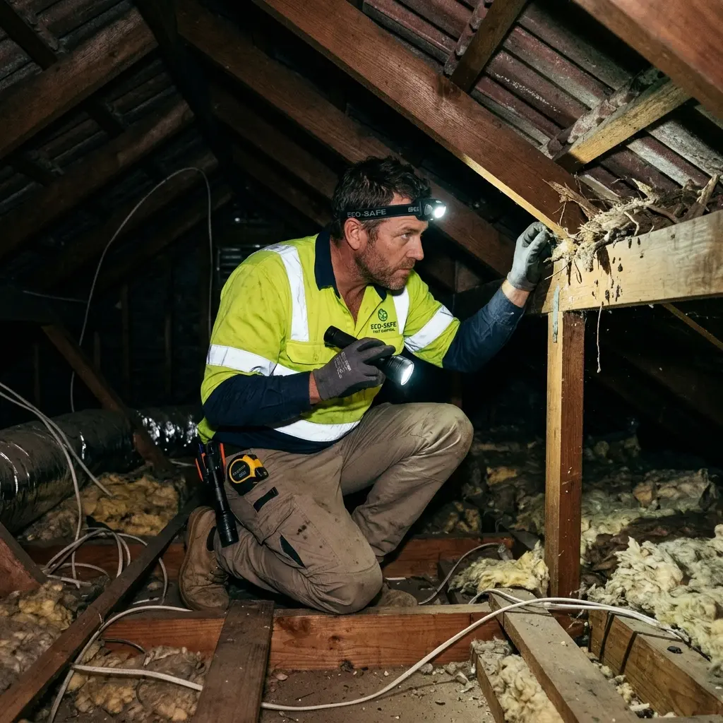 Technician locating dead rodents inside a Kinglake wall cavity with detection equipment
